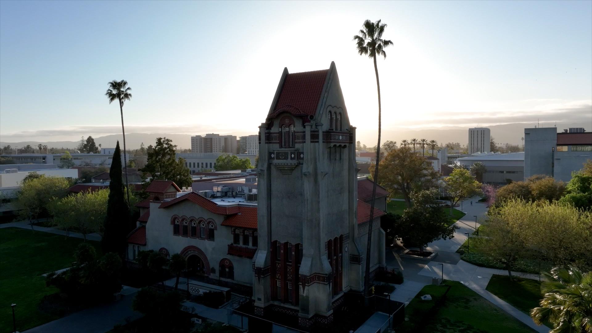 Various clips of student life on campus, glimpses of classroom activity, labs, technology, football games and celebrations.